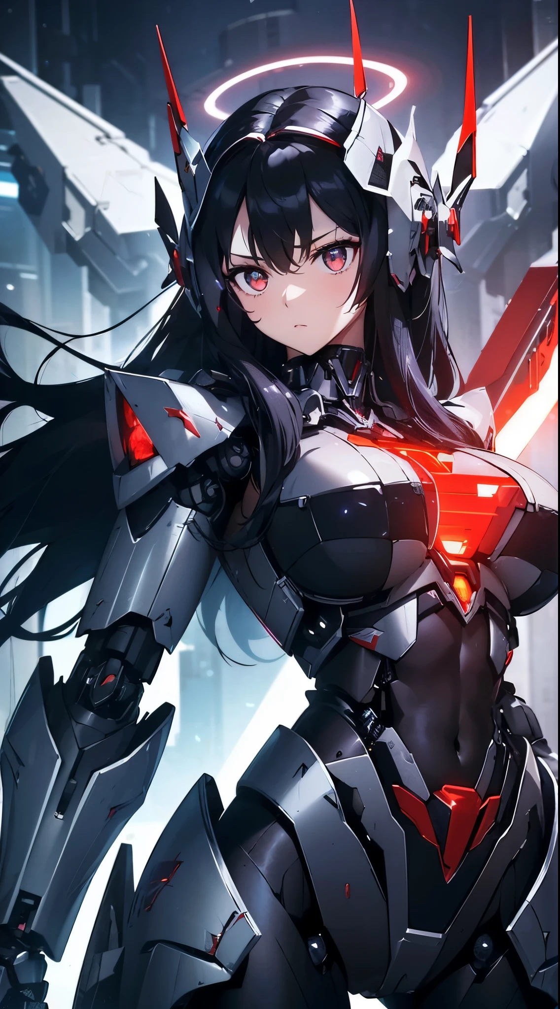 Eyes of the machine glowing red、Expressionless