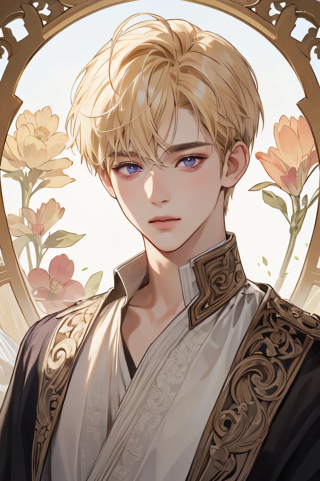 (extreamly delicate and beautiful:1.2), 8K,(masterpiece:1.0),(best_quality:1.0), 1boy, and intricate detailing, Enlarged textures, and intricate detailing, finely eye and detailed face, and intricate detailing, blonde short hair, (closed mouths), Perfect eyes, Equal eyes, purple eyes (A male god) perpect