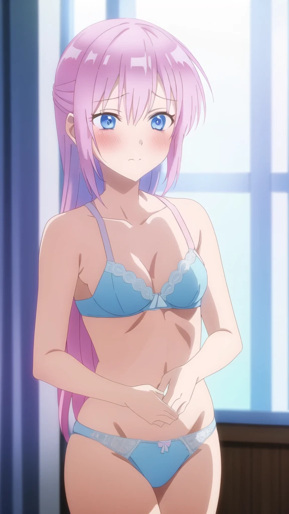 masterpiece, high quality, 8k, Beautiful lighting,sunny day,1girls,Miyako Shikimori, {{{{{pov,nsfw:1.9}}}}}, {{{{{(nude)}}}}},,,((small breasts)),,,squinting,((light blue lace bra)),((light blue lace panties)),(close up),blush:0.9,pink hair,long hair