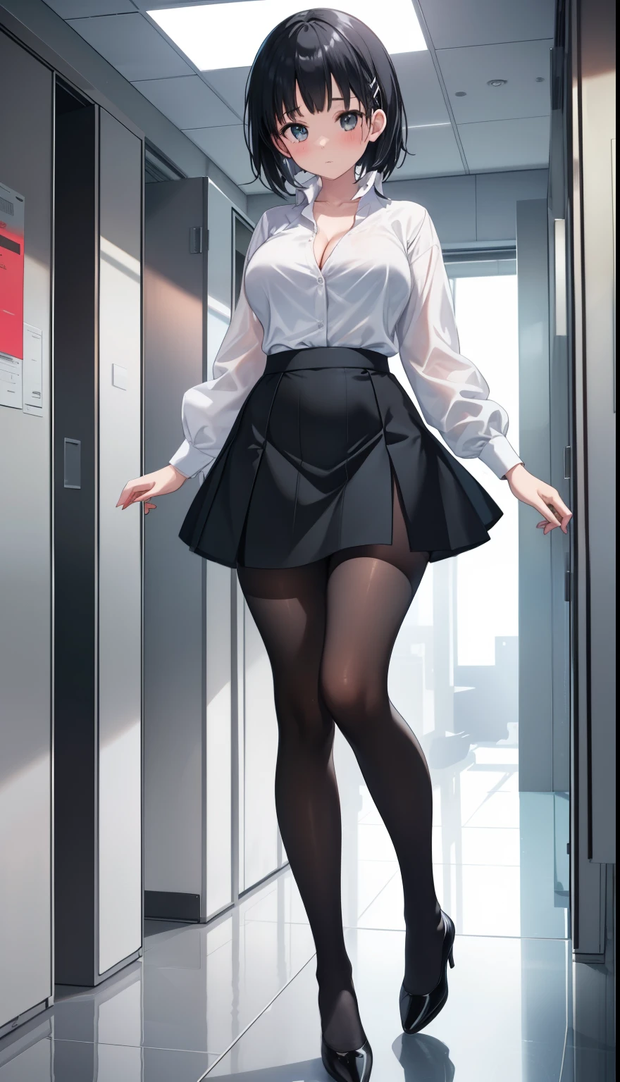 One Girl、positive、Standing posture、Full body portrait、Black Hair、Medium Haircut、blush、Absolute area、Black knee-high socks、Knee-length、stockings、Black Pantyhose、White underwear、Light blue shirt、Blue-gray business suit、Grey tight mini skirt、Japanese office lady、Summer clothes、office、Daytime、（Very large breasts）、Cleavage、open chest shirt、((Lesbians all over the world))、masterpiece、（highest quality）、
Panties around the ankles、Black high heels、Shirt buttons fly off