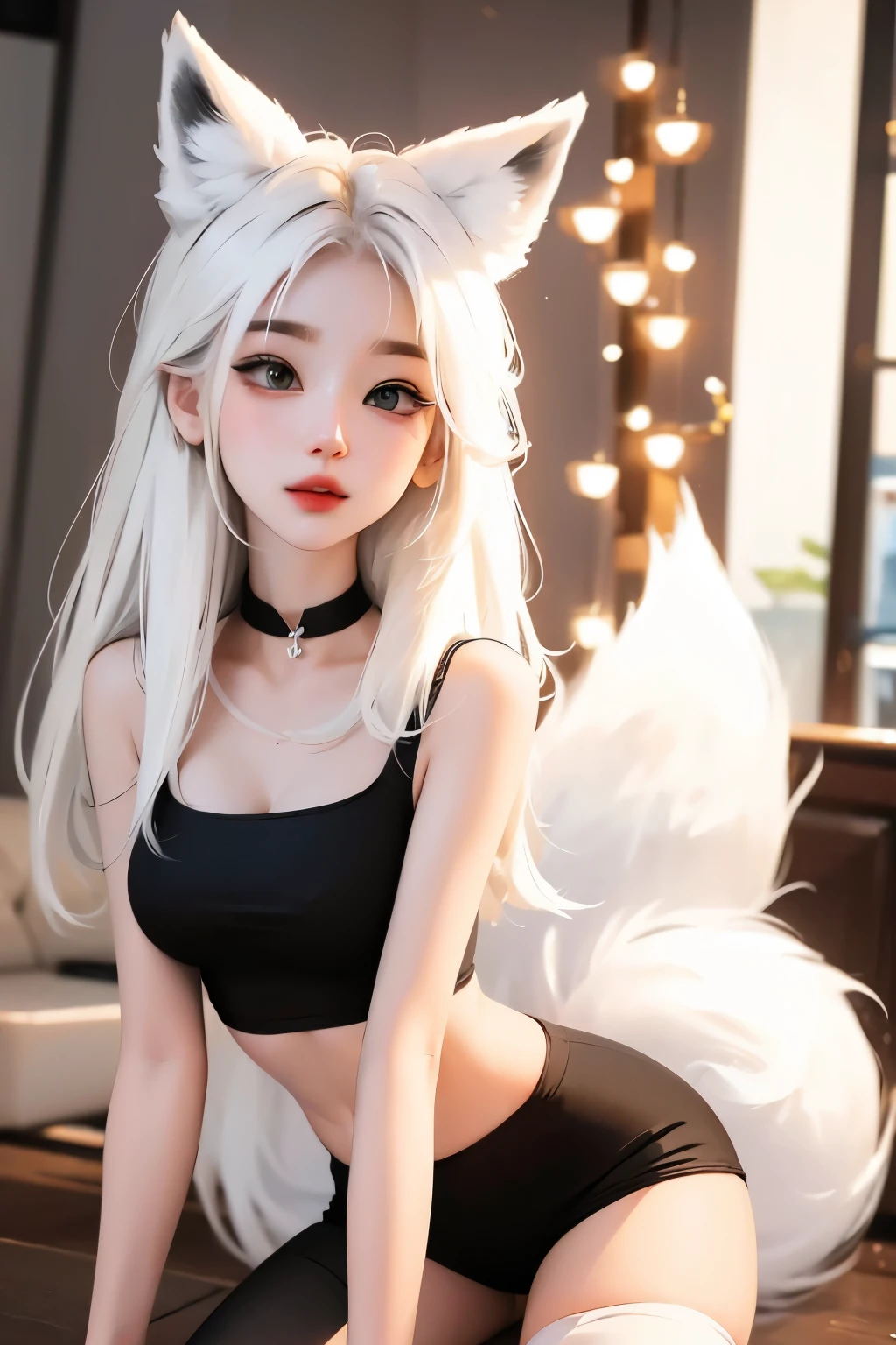 White haired cute anime girl wearing a black croptop and black booty shorts with mythical fox tails
