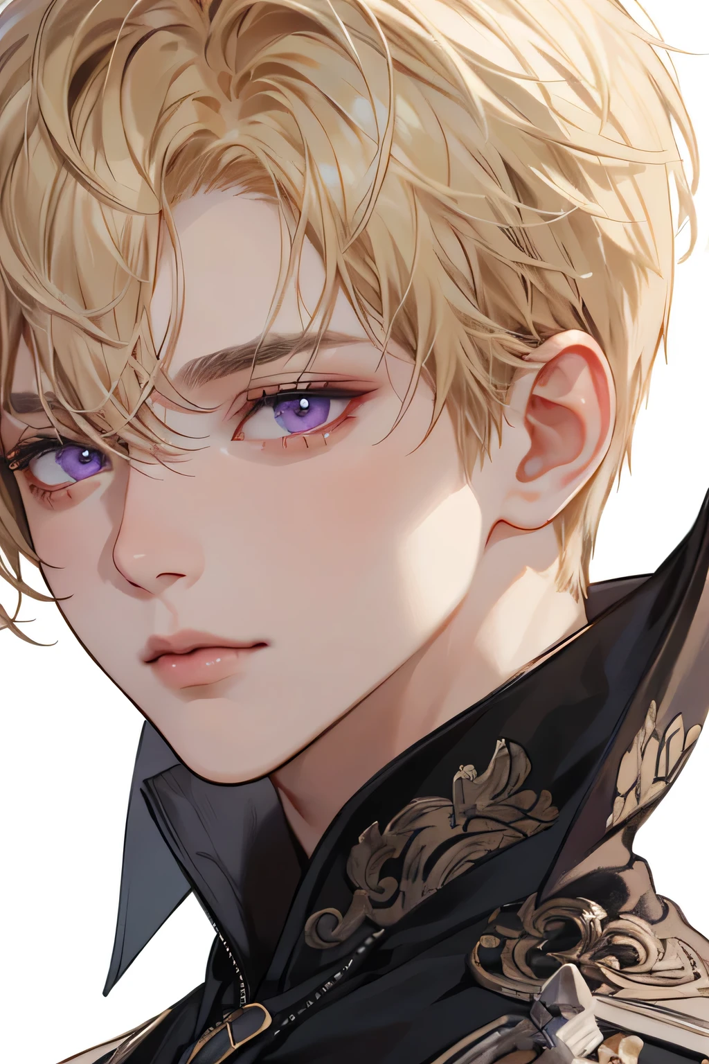 (extreamly delicate and beautiful:1.2), 8K,(masterpiece:1.0),(best_quality:1.0), 1boy, and intricate detailing, Enlarged textures, and intricate detailing, finely eye and detailed face, and intricate detailing, blonde short hair, (closed mouths), Perfect eyes, Equal eyes, purple eyes (A male god) perpect
