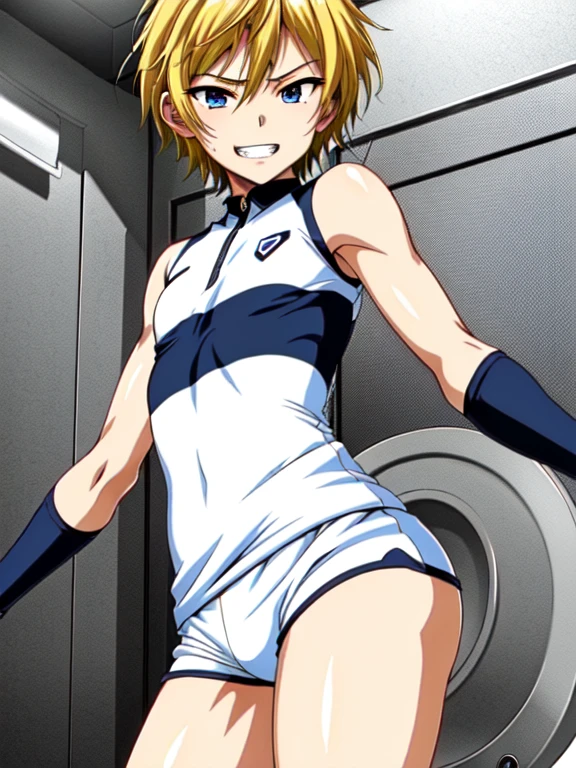 (((Official Art,Ultra-thin illustration,High resolution, Full color images,  In 4K, 8k,最high quality,最high quality,:1.2)))high quality, A very cute young ace striker male idol,,(blonde、short hair)、Shiny Hair, (Tight random color soccer bodysuit:1.2), (Tight and very short soccer shorts:1.2),Proud ass、The crotch is facing forward、((Detailed eyes:1.2))、(((Toilet at the soccer field in the park)))、((Saucy、))、Grin、Service shot、Spread legs、Hands are the head、Standing、Deep hip drop pose