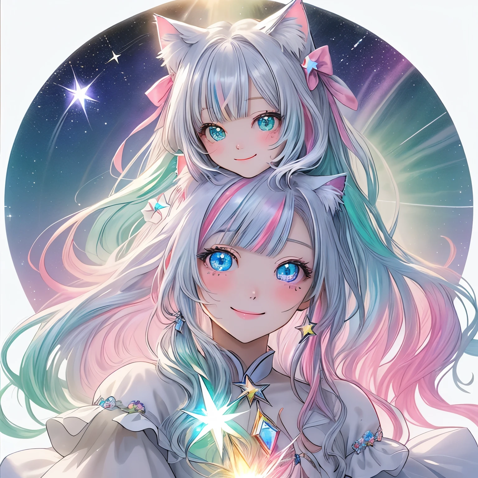 star、moon、sun、gem、Light、Sparkling、reflection、Cat ears with aurora-colored ribbon、Aurora colored hair、Aurora colored eyes、Aurora colored clothes、smile、Suncatcher、Drop line decoration、背景sunとmoonと窓