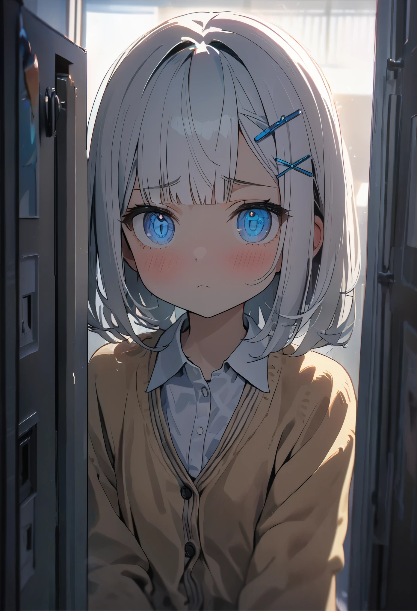 (8K, best quality, master piece: 1.2), super high resolution,14yo,1 cute girl,ultra-detailed face,white hair,(The bangs are held in place on top of the head with two crossed hairpins.),Forehead Baring,detailed eyes,bad mood,Confused eyes,blue eyes,, cardigan,Rim Light,School,Locker room,I see my reflection in the mirror of my open locker.