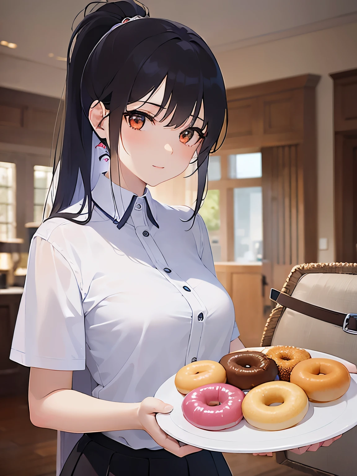 Holding a plate of donuts, Upper Body, Realistic, real person, (pale skin: 1.2), RAW photo, photorealistic, shiny skin, shiny hair、(15 year old female with bangs) and (ponytail) and (brown hair) and (orange eyes) , High 、(white) and (Collared shirt:1.2) and (Pleated skirt)、smile, The background is the living room、Alone、Are standing