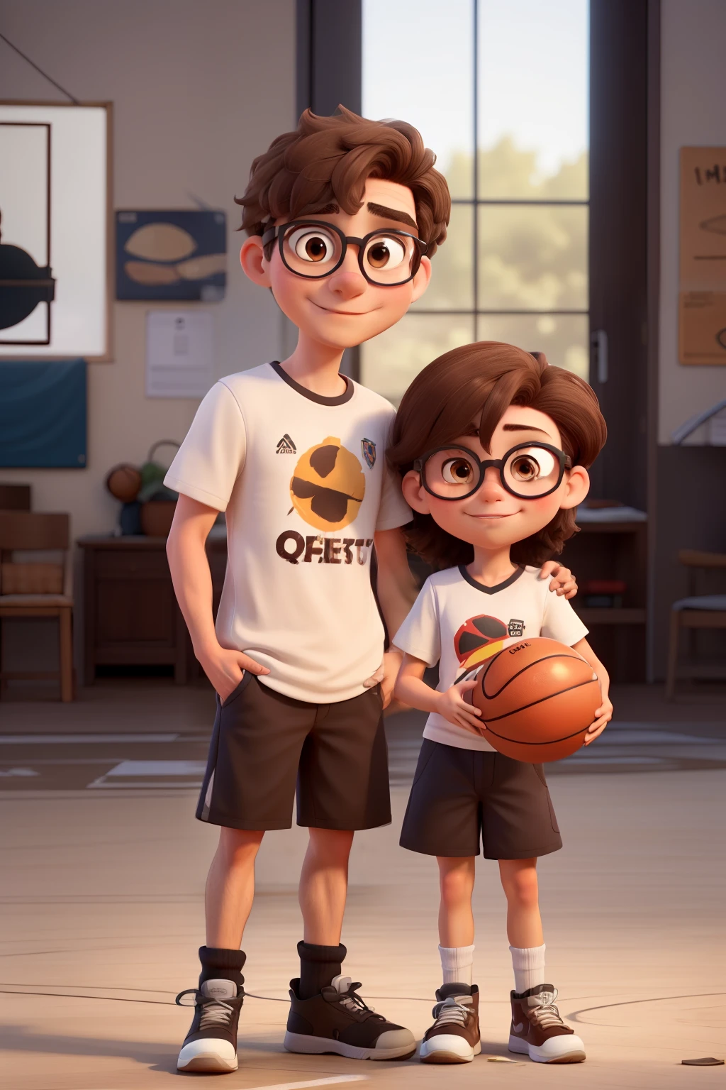 ((melhor qualidade)), ((obra de arte)), (detalhado), white man with dark brown hair brown eyes with round shaped glasses wearing basketball shirt and light brunette with medium brown hair of medium length, amor namorados 