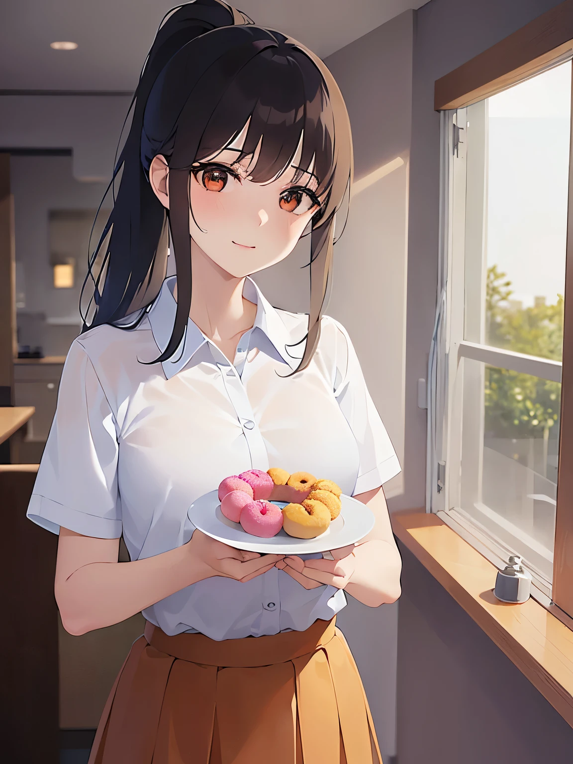 Holding a plate of donuts, Upper Body, Realistic, real person, (pale skin: 1.2), RAW photo, photorealistic, shiny skin, shiny hair、(15 year old female with bangs) and (ponytail) and (brown hair) and (orange eyes) , High 、(white) and (Collared shirt:1.2) and (Pleated skirt)、smile, The background is the living room、Alone、Are standing