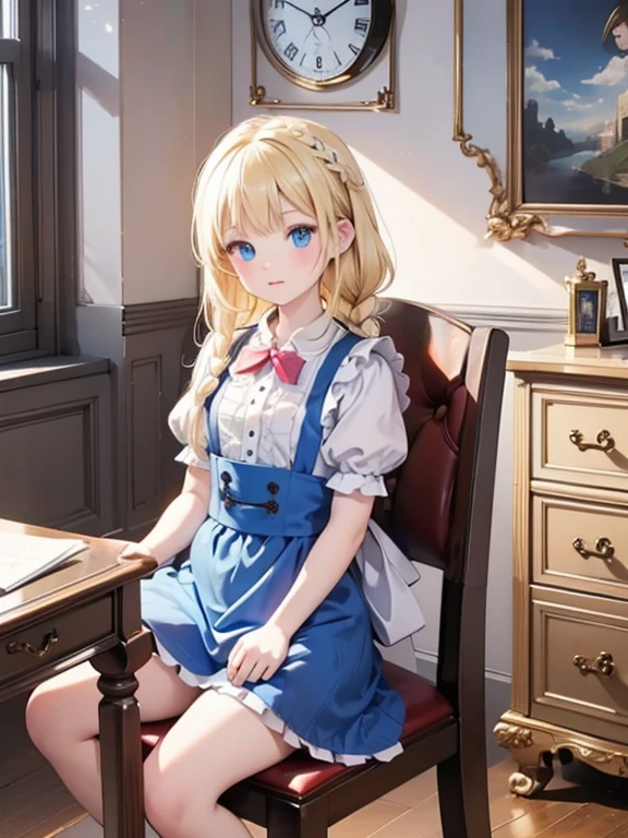 (8k, highest quality, Tabletop:1.2)、Artwork, figure, Wide angle, Ultra-high resolution、Alice in Wonderland, One 12-year-old girl, Detailed face、blue eyes, Blonde, Braid, Blue Dress, White apron, Clothes with bulging sleeves, In a room with a big clock, A little dark room, Sit on a chair, Reading a book on a desk