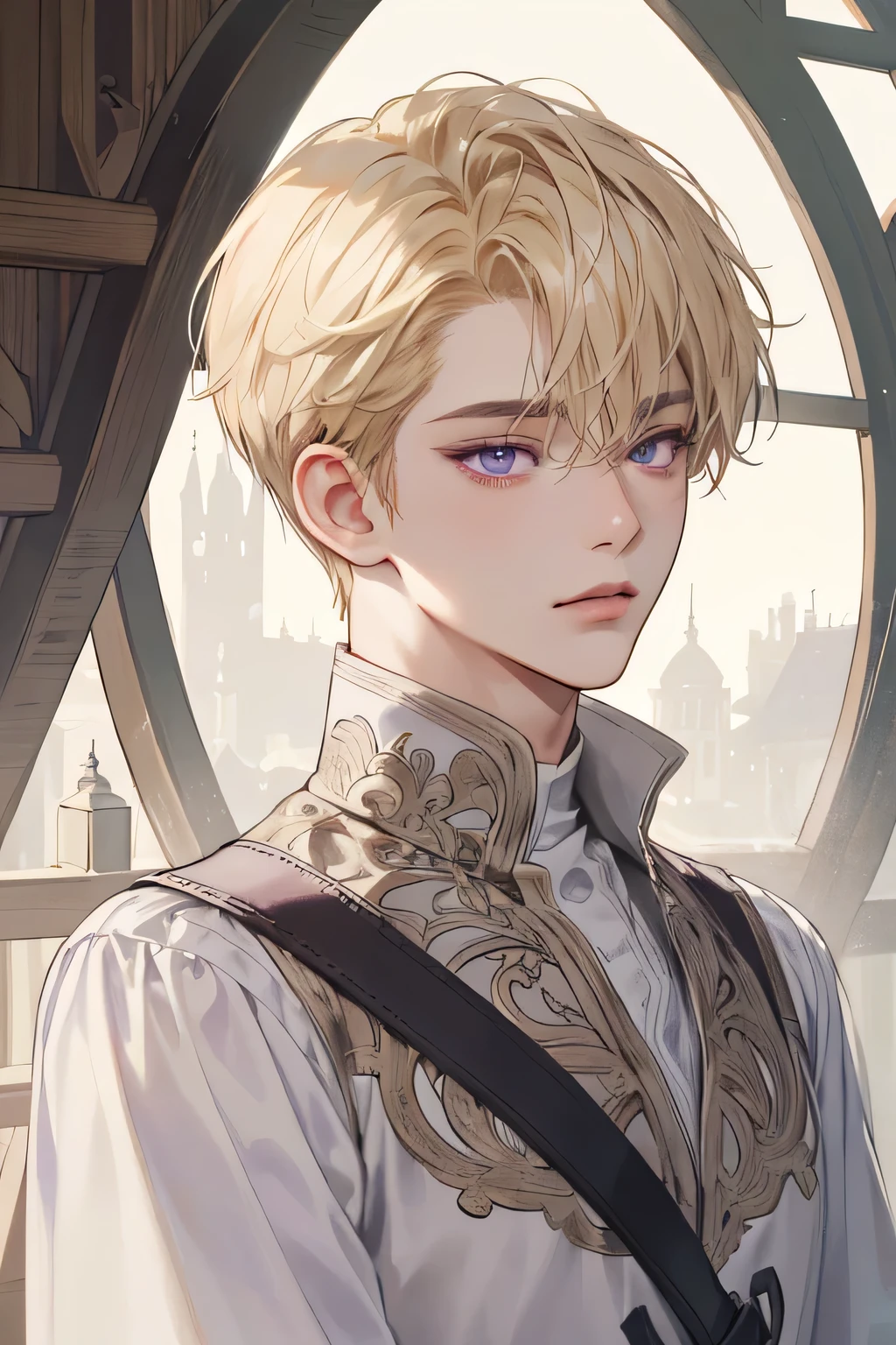 (extreamly delicate and beautiful:1.2), 8K,(masterpiece:1.0),(best_quality:1.0), 1boy, and intricate detailing, Enlarged textures, and intricate detailing, finely eye and detailed face, and intricate detailing, blonde short hair, (closed mouths), Perfect eyes, Equal eyes, purple eyes (A male god) perpect, background menara sihir