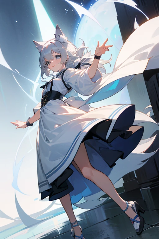 cute、Blue Eyes、Wink、Whiteのワンピース、Wolf-like ears（White）、Gray Hair、Full of energy、Her hair is down to her waist and is not tied up.、Black ribbon attached to the waist、Full body image、Masterpiece、Light grey shoes、Shoes Sandals、The shoes are like high heels with laces stretching all the way to the top.、Anime characters、smile、cute
