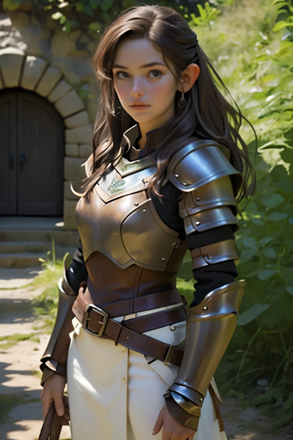 ((melhor qualidade)), ((obra de arte)), (detalhado)
an adult hobbit, she is a ranger with brown hair, she wears leather armor