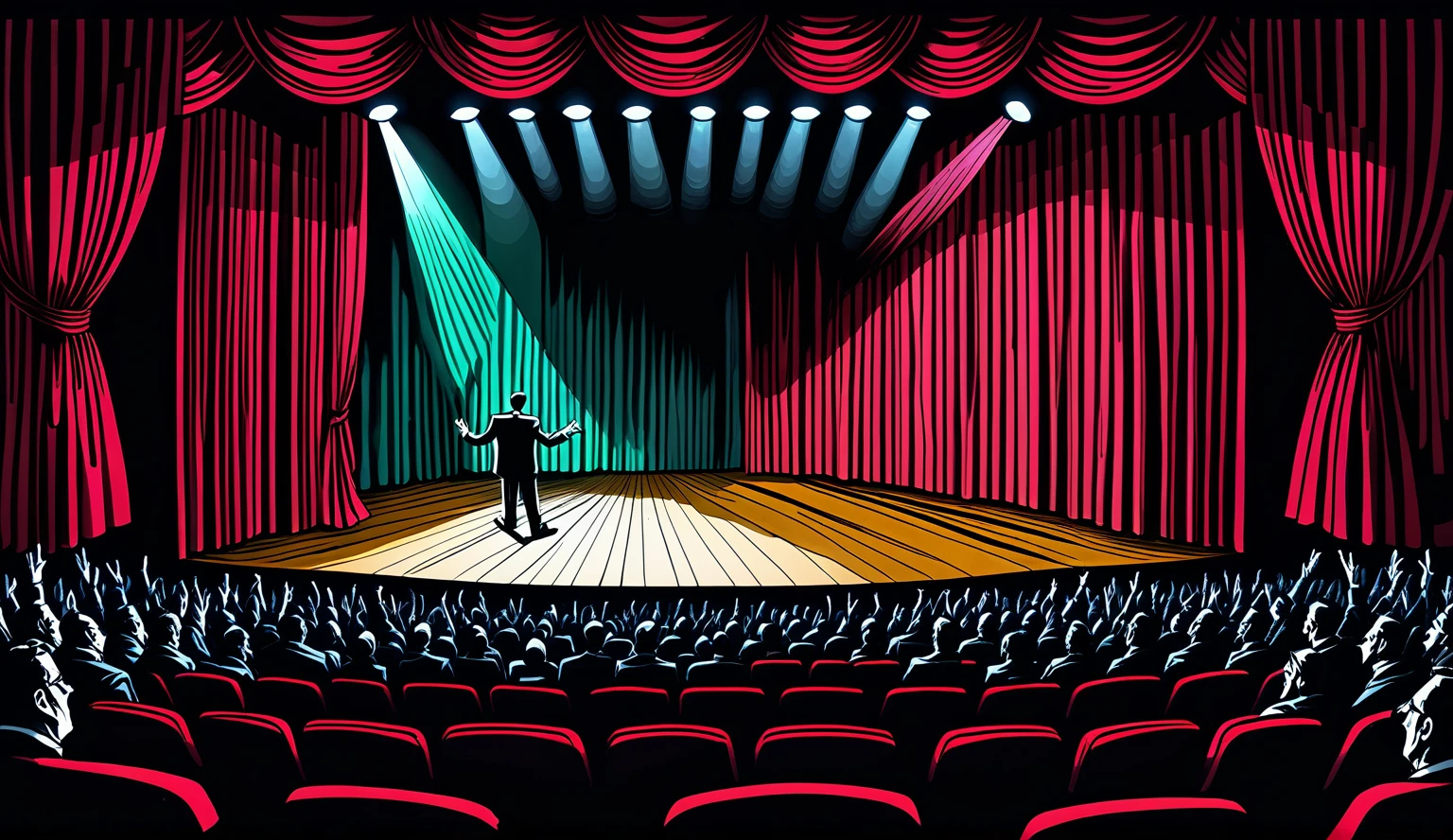 surreal, dystopic, Idol stage, contest, overwhelming, unsettling, unnatural, hand drawn, expressive bold ink lines, rich color velvet curtain, color grading for shading, transcendental, abstract, absurd, ethereal, shadows and lighting, cinematic, composition framing, theater stage, spotlight, showcase,