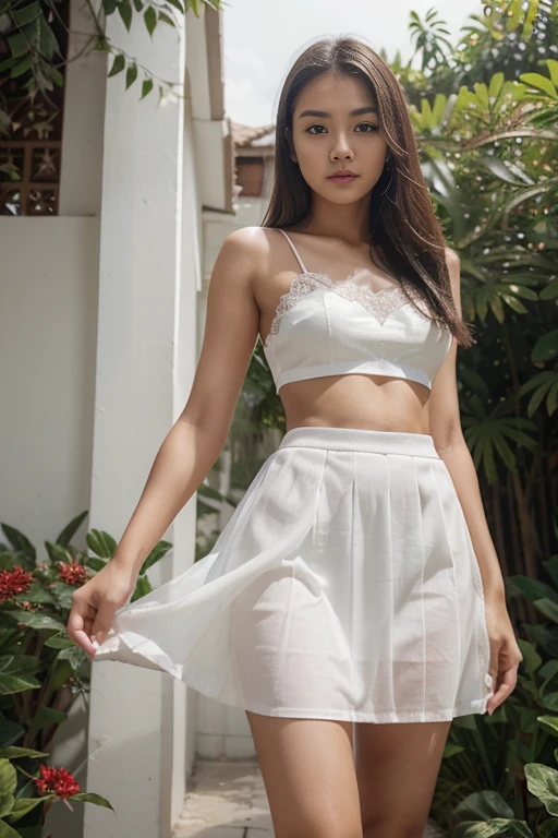Young sweet beautiful Bogor city girl, 23 years old, thin body, slim thigh, sweet georgeus Bogor city girl face, descent mixed from sundanese and turkish, messy short black hair, walkin limp exhausted open wide legs on front of out door shower room at back yard in Bogor, wearing sandals, wearing white see through thin tank top dress, carry a towel, realistic, very detail, no cartoon, exhausted lovely  face,   tired eyes,  full all body  to the feet view, all fingers have normal shape, legs have normal couple numbers and shape, in the afternoon,  sun shining to her body through her clothes, wearing pink thin lace panty, wearing white soft cup bra, just back from office ready to go take shower, wearing expencive hand watch at her left hand, 