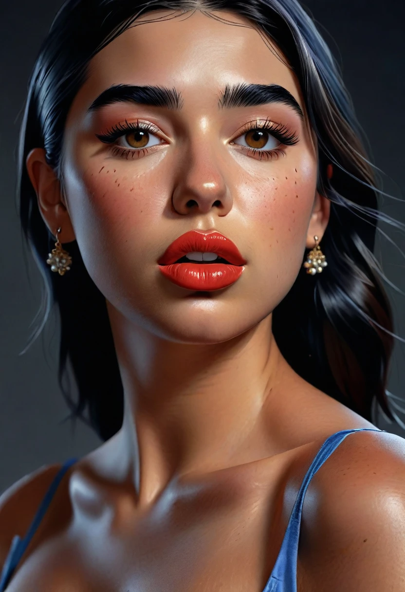 (best quality,ultra-detailed, high-res, masterpiece:1.2), (realistic, photorealistic:1.37) portrait of Dua Lipa. This artwork captures the essence of her face, emphasizing her mesmerizing and detailed lips that showcase natural texture and imperfections. The intricate details of her skin, including the imperfections that make her unique, are masterfully depicted. The focus is not only on her face but also on the delicate features, such as her ankles and teardrop-shaped breasts, which add depth and character to the composition. The lighting is carefully selected to highlight the intricate details and create an ultra-realistic effect. The color palette is vibrant and vivid, enhancing the overall realism of the artwork. The artist skillfully combines various painting techniques and digitally rendered elements to achieve a truly remarkable and lifelike portrayal of Dua Lipa.