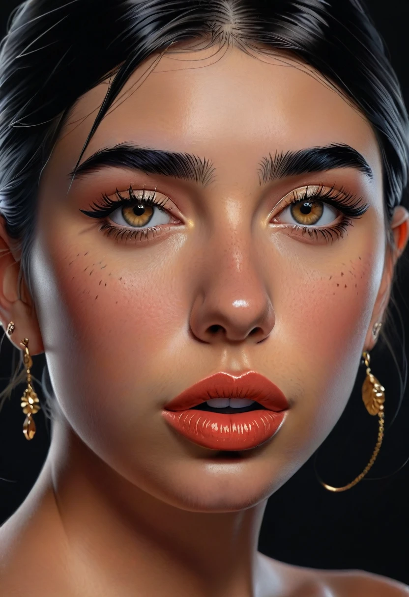 (best quality,ultra-detailed, high-res, masterpiece:1.2), (realistic, photorealistic:1.37) portrait of Dua Lipa. This artwork captures the essence of her face, emphasizing her mesmerizing and detailed lips that showcase natural texture and imperfections. The intricate details of her skin, including the imperfections that make her unique, are masterfully depicted. The focus is not only on her face but also on the delicate features, such as her ankles and teardrop-shaped breasts, which add depth and character to the composition. The lighting is carefully selected to highlight the intricate details and create an ultra-realistic effect. The color palette is vibrant and vivid, enhancing the overall realism of the artwork. The artist skillfully combines various painting techniques and digitally rendered elements to achieve a truly remarkable and lifelike portrayal of Dua Lipa.