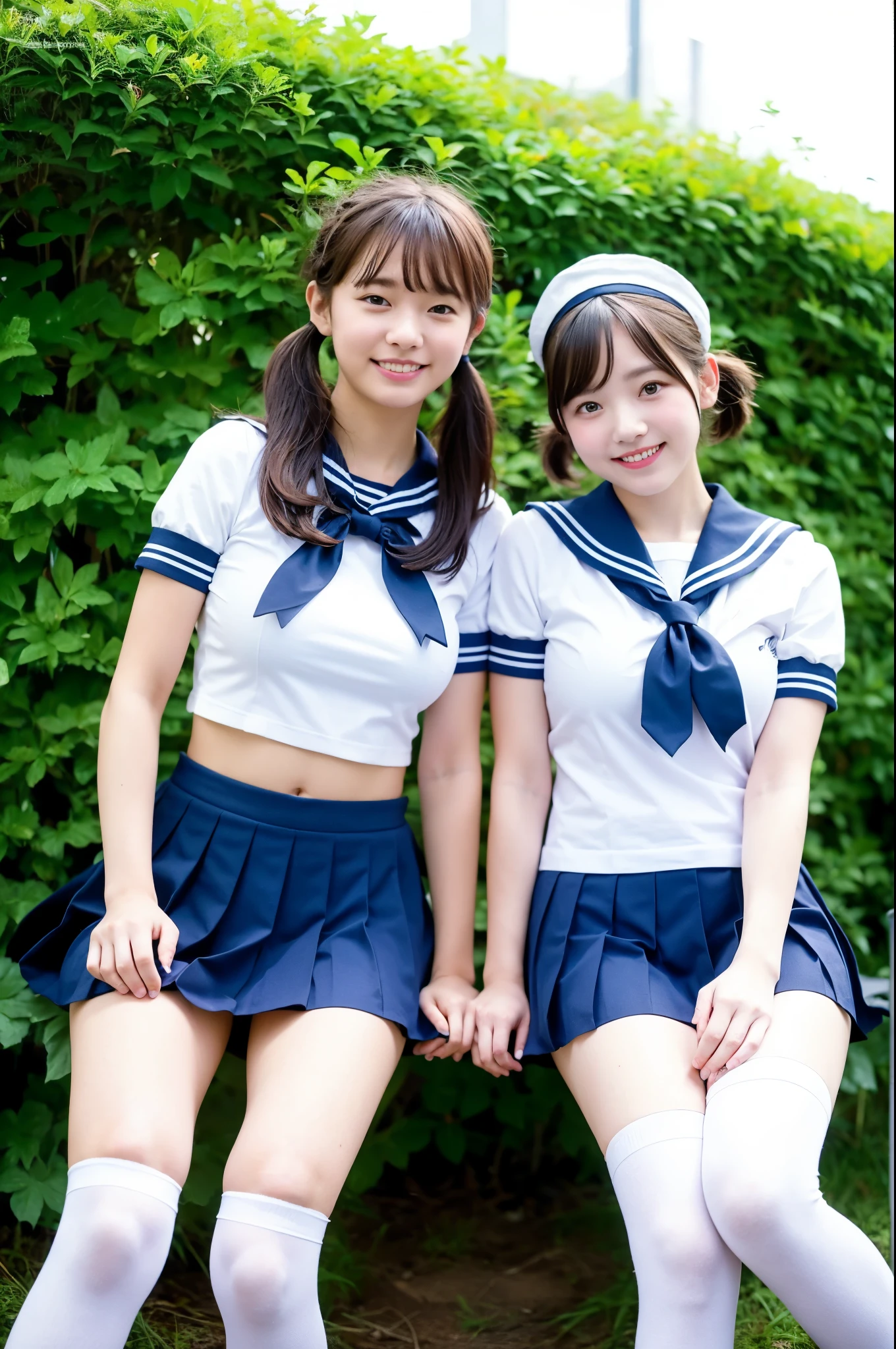 2 girls hopping in school flower garden,sailor shirt,white panties,navy blue pleated micro mini-skirt,white over-the-knee socks,18-year-old,bangs,a little smile,thighs,knees,short hair and low pigtails with barrette,from below,front light
