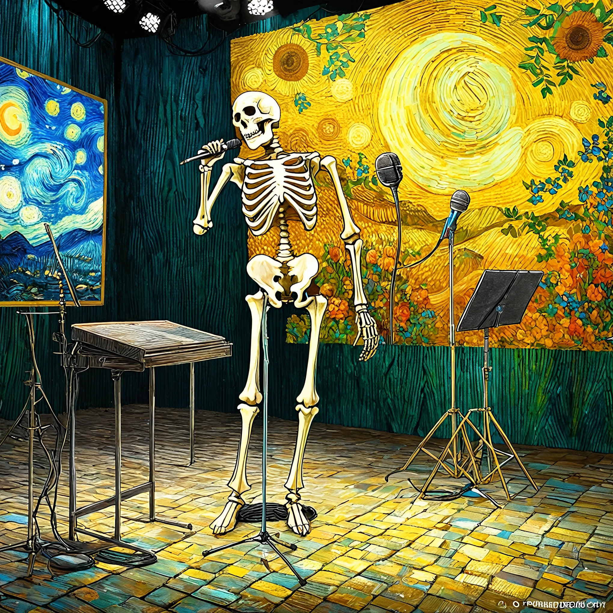 (Idol stage:1.5，Skeleton，microphone ,(Bone details),concept art, 画一幅画来表现这美丽的Idol stage, magic, Painted by professional artist in the modern art style of Manuel Fernández García, masterpiece, Awarded for its beauty, Vibrant colors, Obvious pinch marks, 32k