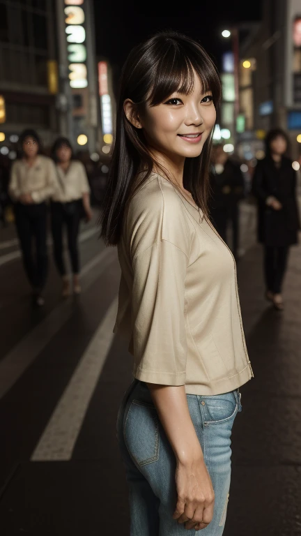 ((highest quality)), ((8K)), ((masterpiece: 1.3)), (Perfect appearance), (Photorealism: 1.6), (Japanese mature women passing by in the crowd), (Turning towards me with just her face), (Shibuya scramble crossing at night: 1.4), (In the middle of the scramble intersection: 1.2), (Detailed background), (60 years old, Japanese Mature), (Beautiful Japanese mature woman: 1.2), ((Realistic skin texture)), (Fine lines all over the skin), (Dull skin), (Moisture wrinkles on the face), (Wrinkles around the eyes), double eyelid, Tear bags under the eyelids, Looking back and smiling gently, Short bangs, Straight long hair, hair with natural movement, (Casual attire: 1.4), High heels, (Full body portrait: 1.4),