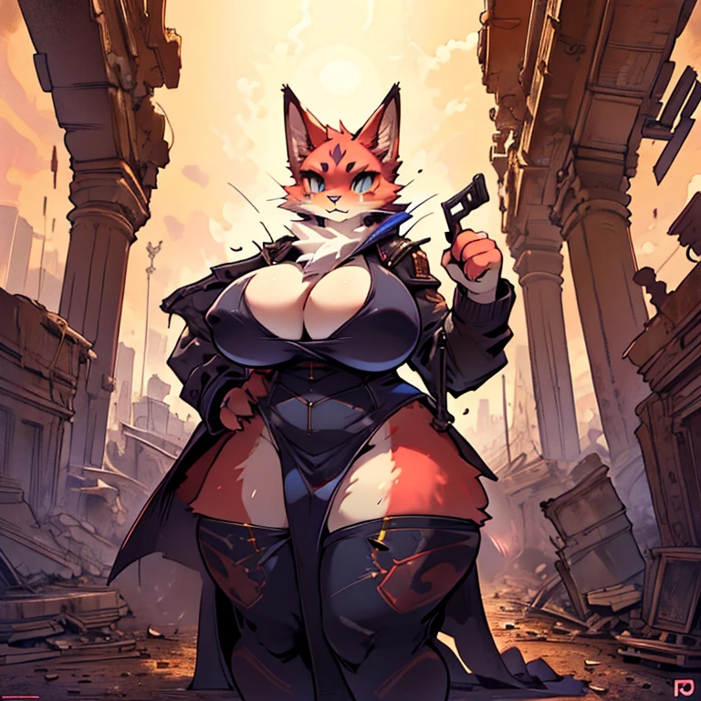 3girls,any outfit, any pose, cat, any fur color,any fur pattern, any eye color, and pupil color and shape, ruined and abandoned city, looking at user, any view, any place, full body, massive breasts and hips, oversized or undersized outfit, any body type, armed or unarmed, doing anything, tall, adult, massive butt