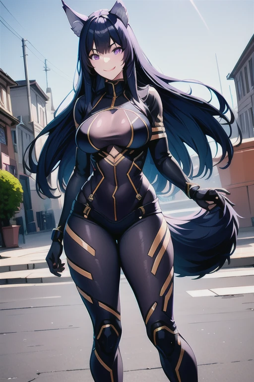 best quality, masterprice, 1girl, (solo:1.1), raytracing, ultra detailed,detailed face, 8k wallpaper, large breasts, smile, wide hips, outdoor, standing, outdoor,  DeltaNDV, long hair, animal ears, purple eyes, bangs, wolf ears, looking at viewer, thick wolf tail, bodysuit, tight clothes, back view,