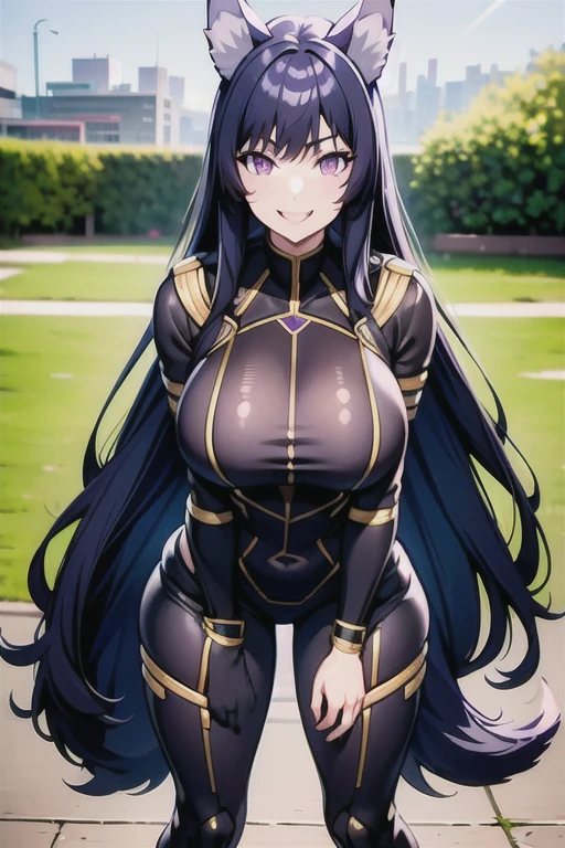 best quality, masterprice, 1girl, (solo:1.1), raytracing, ultra detailed,detailed face, 8k wallpaper, large breasts, smile, wide hips, outdoor, standing, outdoor,  DeltaNDV, long hair, animal ears, purple eyes, bangs, wolf ears, looking at viewer, thick wolf tail, bodysuit, tight clothes, back view,