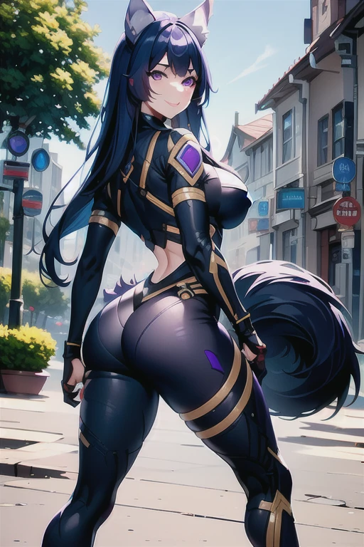 best quality, masterprice, 1girl, (solo:1.1), raytracing, ultra detailed,detailed face, 8k wallpaper, large breasts, smile, wide hips, outdoor, standing, outdoor,  DeltaNDV, long hair, animal ears, purple eyes, bangs, wolf ears, looking at viewer, thick wolf tail, bodysuit, tight clothes, back view,