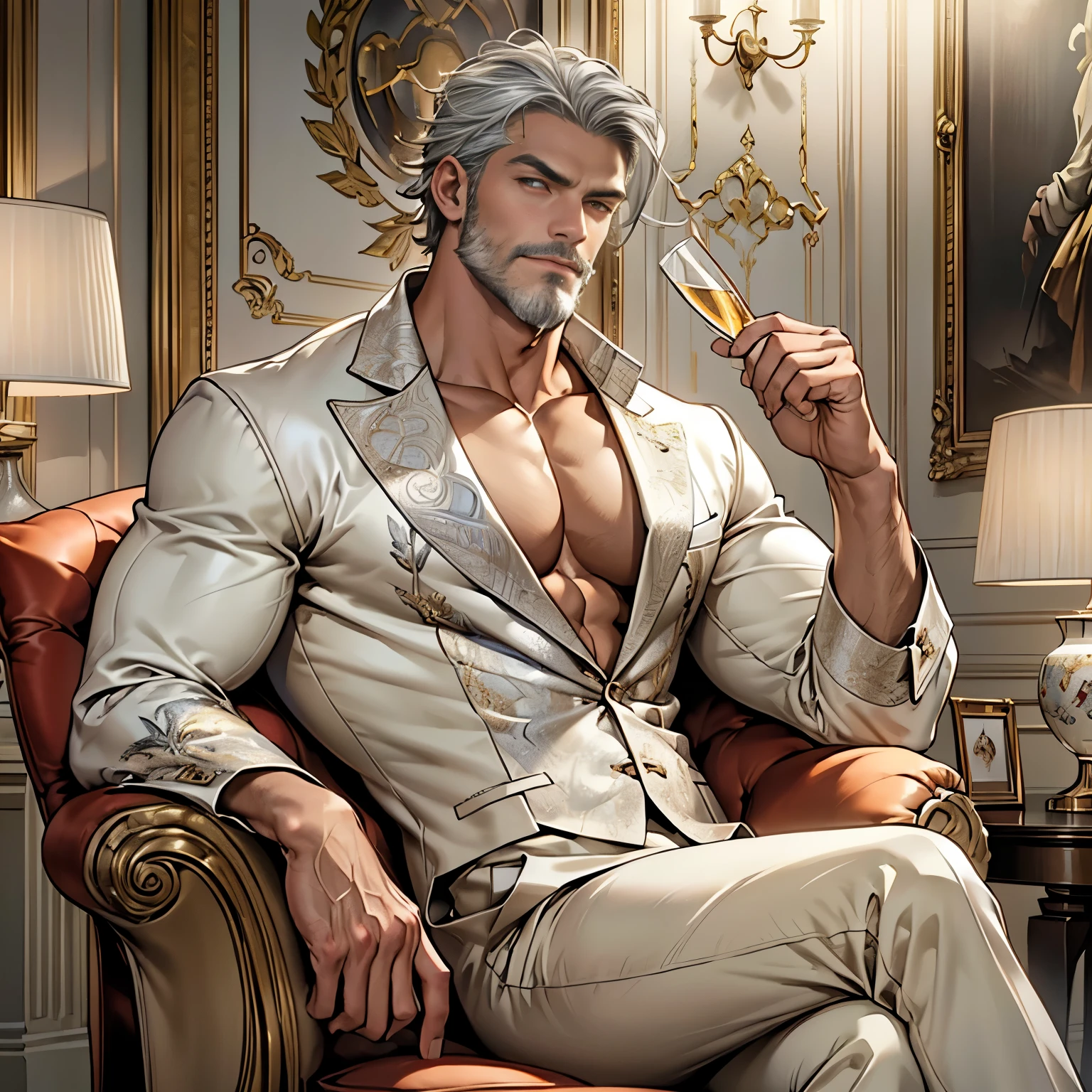 Portrait of 1 man, ((50-year-old)), muscular body, beautiful detailed face, piercing intense gaze, (((sittin in luxurious living room))), (((crossed legs))), (((holding a glass of champagne on hand))), sexy, sensual, hot, attractive, (((muscular))), fitness, model, trendy fashion, ((short silver hair))), (((short full silver beard))), ((big eyes)), ((intense gaze)), expensive furniture, (decorative vases with fresh flowers), distinctive artwork on the walls, rich color palette, golden accents and trimmings, warm and inviting ambiance, serene atmosphere, gentle shadows and highlights, subtle texture in fabrics, luxurious wardrobe with fine fabrics and designer labels, impeccable fashion sense, dapper appearance, relaxed expression, confident posture, refined taste, majestic presence, pristine cleanliness, realistic, accurate, (best quality, masterpiece: 1.2), ultra-detailed, low lighting, beautiful soft lighting, ((luxurious room background)), ((model)), handsome, ((big bulge)), prominent chiseled jawline, masterpiece, anatomically correct, textured skin, super detail, high quality, 4K, 8k, highres, UH.