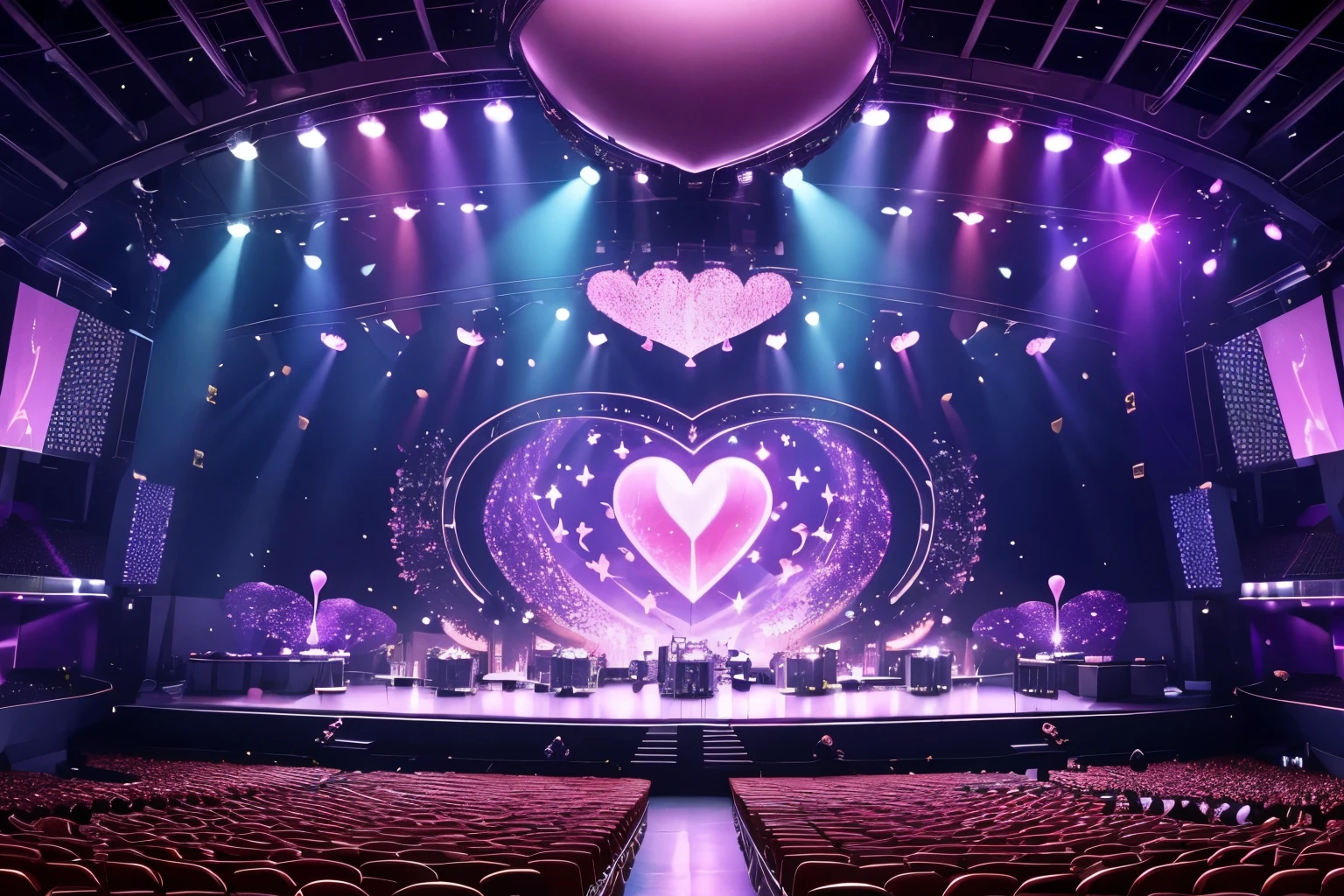 masterpiece, idol concert stage, dome-shaped, various images projected onto the ceiling, luxurious stage set, heart balloons, star balloons, pastel-colored stage, flashy and glittering lighting, exploding magnesium, smoke