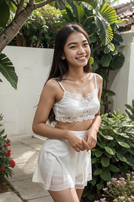 Young sweet beautiful Indonesian girl, 22 years old, slim body, georgeus face,  greek nose, wearing white thin dress, wearing white thin   skirt, red lace und, realistic, very detail,  cute laughing, 