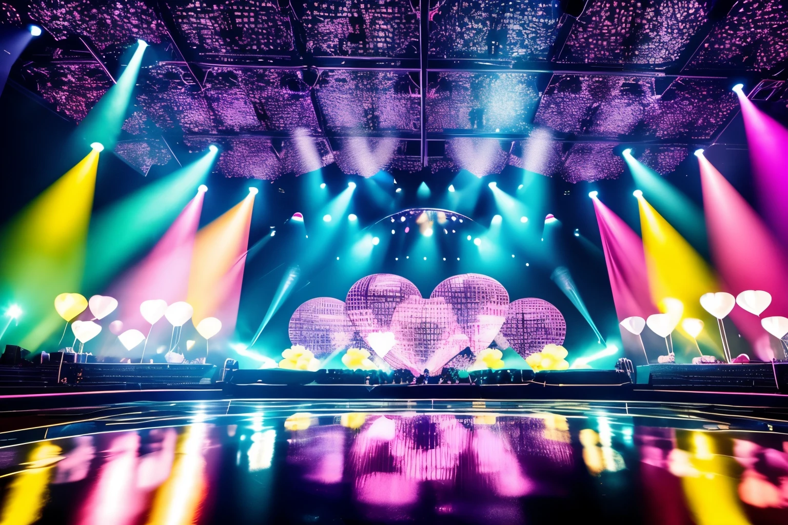 masterpiece, idol concert stage, dome-shaped, various images projected onto the ceiling, luxurious stage set, heart balloons, star balloons, pastel-colored stage, flashy and glittering lighting, exploding magnesium, smoke