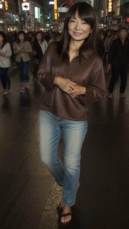 ((highest quality)), ((8K)), ((masterpiece: 1.3)), (Perfect appearance), (Photorealism: 1.6), (Japanese mature women passing by in the crowd), (Turning towards me with just her face), (Shibuya scramble crossing at night: 1.4), (In the middle of the scramble intersection: 1.2), (Detailed background), (60 years old, Japanese Mature), (Beautiful Japanese mature woman: 1.2), ((Realistic skin texture)), (Fine lines all over the skin), (Dull skin), (Moisture wrinkles on the face), (Wrinkles around the eyes), double eyelid, Tear bags under the eyelids, Looking back and smiling gently, Short bangs, Straight long hair, hair with natural movement, (Casual attire: 1.4), High heels, (Full body portrait: 1.4),