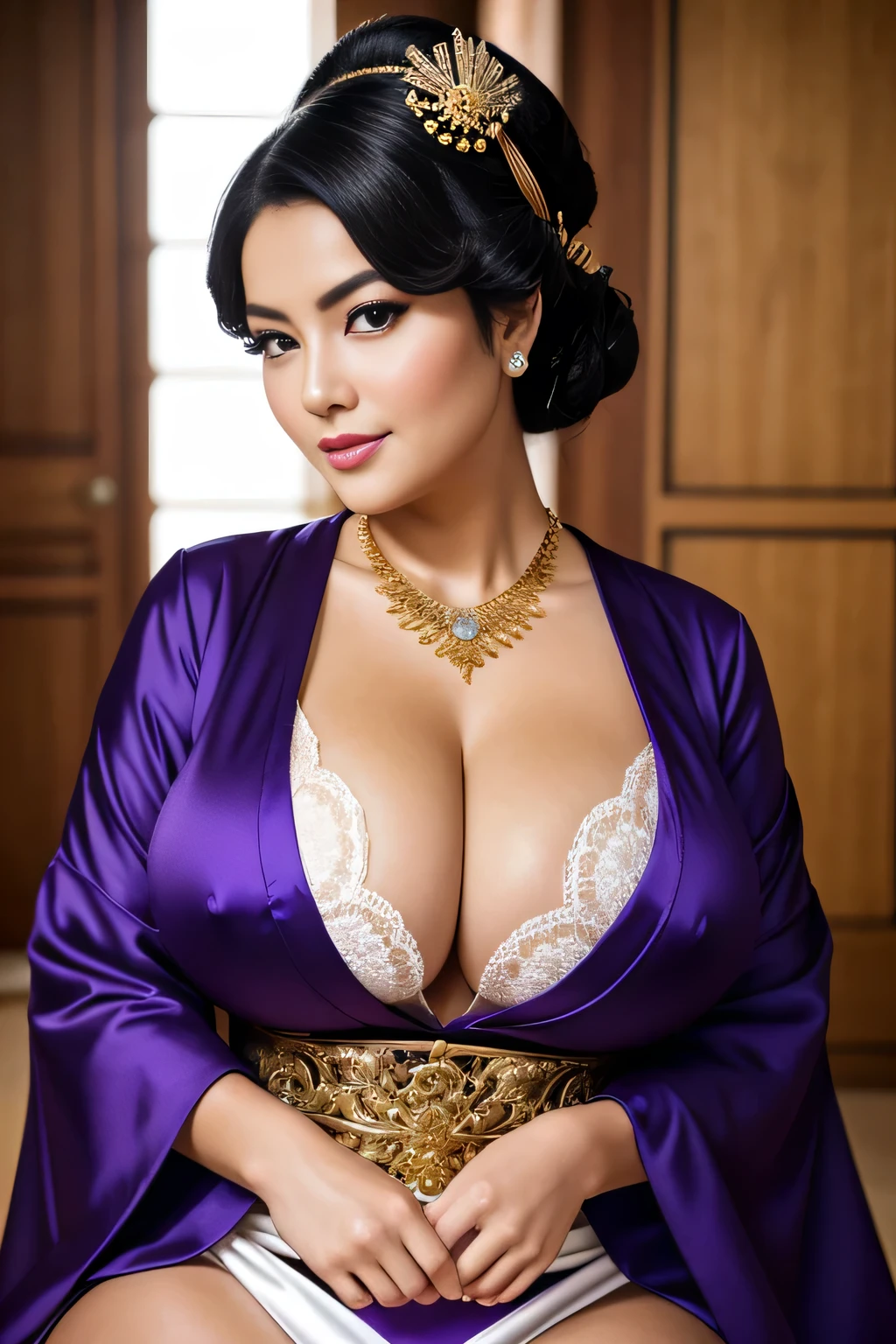 GEISHA ,CHUBBY, BBW, photo vintage, visage feminin parfait, BLACKHAIR , tache de rousseur, 1788, big huge breasts : 68H,FRONT VIEW, Rembrandt LIGHT , EXTREME LONG V-NECK, BIG CLEAVAGE, BEAUTIFUL EYES, BEAUTIFUL HANDS, LIGHT SMILES, PERFECT FACE, tres long décolleté , NECKLACE, RING, JEWELERY RICH, SFW, FULL BODY, COLORFUL, SEXY ROYAL LINGERIE, ENORMOUS BREAST, AROUSED, DETAILLED FACE, PERFECT BODY, PURPLE- GOLD COSTUME, WHITE MAKE-UP