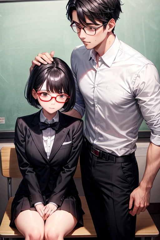 Male teacher, red eyes, round glasses, black suit, devil smile, black hair
Girl student, uniform, black eyes,wilf cut hair Style, black hair
Teacher is give sex punishment to girl
And Teacher is top of the girl, Teacher is undressing the girl, girl is embarrassed and want to cry