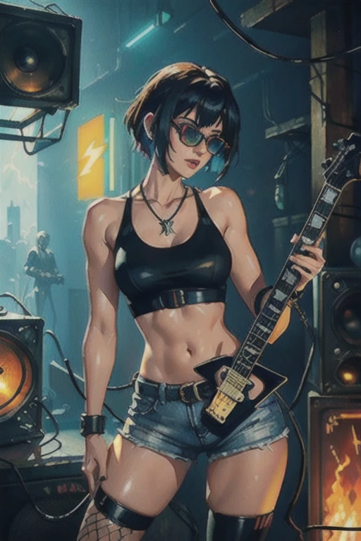 (photorealistic:1.4),official art,unity 8k wallpaper,ultra detailed,exquisitely detailed skin,(cinematic angle)(film grain:1.2)cinematic lighting,beautiful and aesthetic,dynamic lighting,masterpiece,best quality,glowing skin,cyberpunk,mechanical arms,(cyberpunk joints),(neon light),(cybernetic implants:1.2),(augmentations),(cyborg:1.2)(cowboy shot),,1girl,short hair,slim body,medium breasts,narrow waist,tank top,high waist shorts,fishnet pantyhouse,a rock band lead singer,Heavy Metal,(playing a electric guitar:1.4),wearing a sunglasses,chain,silver,necklace,live house,fiery atmosphere,sexy,charming,(loudspeaker box:1.3),wire,cable tail,devil horn,dynatic pose,excited,
a small wooden toy,\(\(intricate details\)\),colorful details,iridescent colors BREAK,\(\(masterpiece best quality\)\),4k,ultra detailed,detailed lighting,\(\(inspired by Hayao Miyazaki\)\),official art,promotional art,composition,