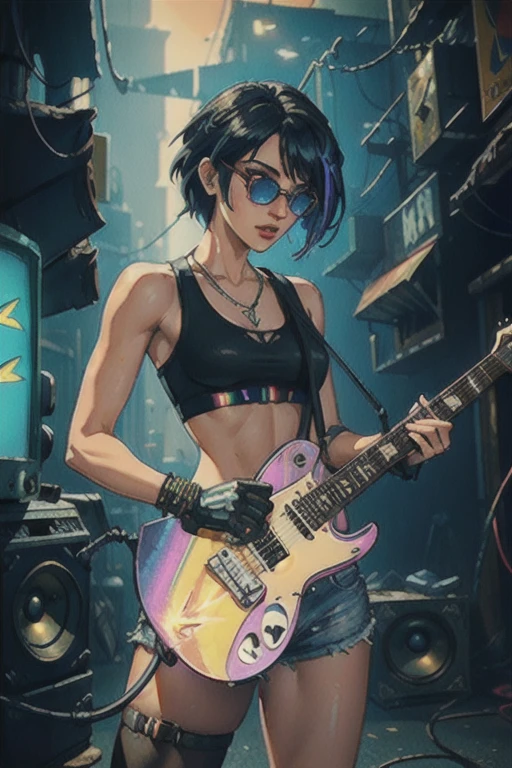 (photorealistic:1.4),official art,unity 8k wallpaper,ultra detailed,exquisitely detailed skin,(cinematic angle)(film grain:1.2)cinematic lighting,beautiful and aesthetic,dynamic lighting,masterpiece,best quality,glowing skin,cyberpunk,mechanical arms,(cyberpunk joints),(neon light),(cybernetic implants:1.2),(augmentations),(cyborg:1.2)(cowboy shot),,1girl,short hair,slim body,medium breasts,narrow waist,tank top,high waist shorts,fishnet pantyhouse,a rock band lead singer,Heavy Metal,(playing a electric guitar:1.4),wearing a sunglasses,chain,silver,necklace,live house,fiery atmosphere,sexy,charming,(loudspeaker box:1.3),wire,cable tail,devil horn,dynatic pose,excited,
a small wooden toy,\(\(intricate details\)\),colorful details,iridescent colors BREAK,\(\(masterpiece best quality\)\),4k,ultra detailed,detailed lighting,\(\(inspired by Hayao Miyazaki\)\),official art,promotional art,composition,