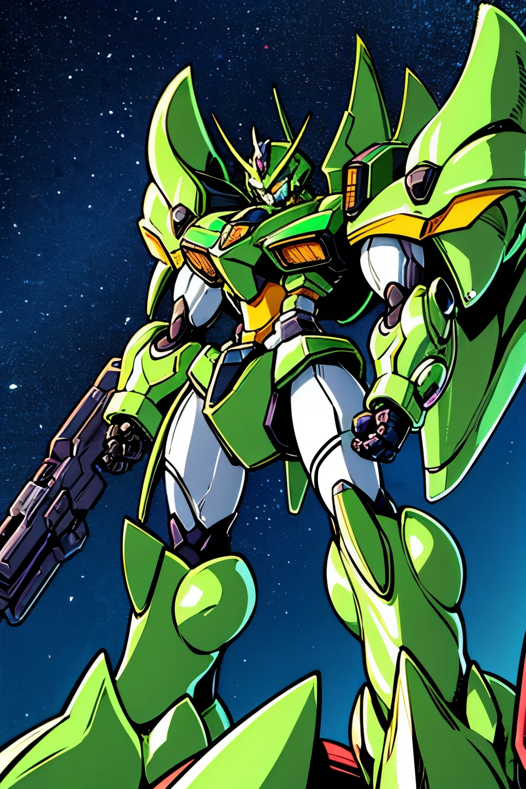 menacing green mecha with galaxy background
