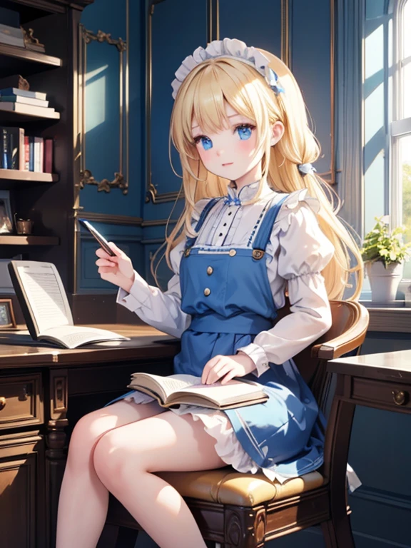 (8k, highest quality, Tabletop:1.2)、Artwork, figure, Wide angle, Ultra-high resolution、Alice in Wonderland, One -yeld gi Detailed face、blue eyes, Blonde, Braid, Blue Dress, White apron, Clothes with bulging sleeves, In a room with a big clock, A little dark room, Sit on a chair, Reading a book on a desk