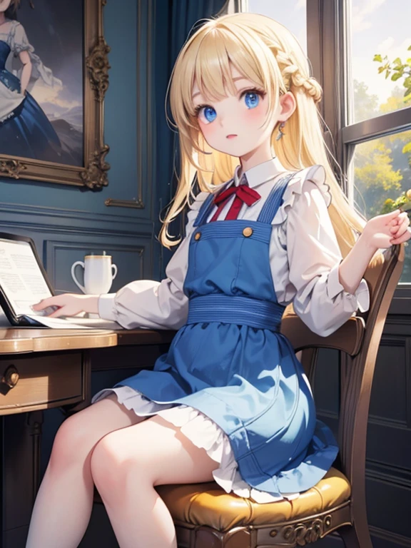 (8k, highest quality, Tabletop:1.2)、Artwork, figure, Wide angle, Ultra-high resolution、Alice in Wonderland, One , Detailed face、blue eyes, Blonde, Braid, Blue Dress, White apron, Clothes with bulging sleeves, In a room with a big clock, A little dark room, Sit on a chair, Reading a book on a desk