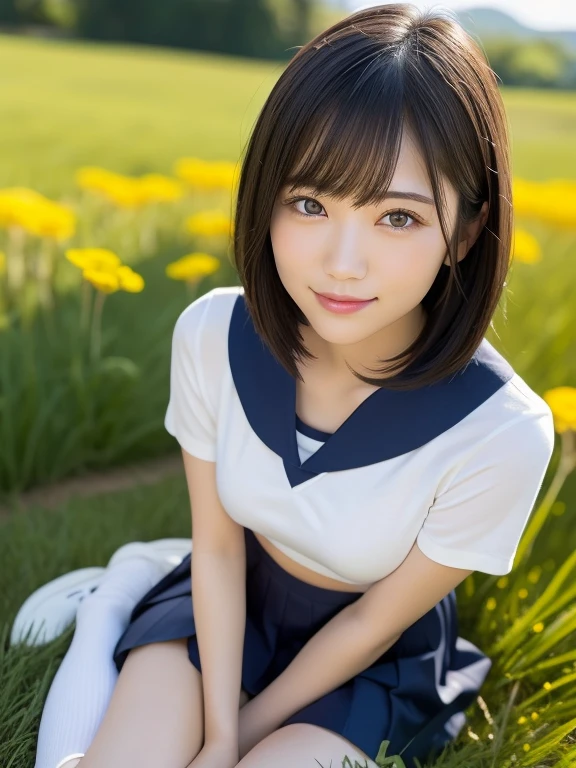 (highest quality:1.5)、(Realistic:1.5)、(1 person:1.5)、Very detailed、High resolution、8k、medium breasts、Natural color lips、Cute Smile、Japanese women、20-year-old girl、Beautiful and elegant face、Perfect and beautiful face、Balanced big eyes、Brunette eyes、Beautiful and elegant face、Natural double eyelids、Natural Bangs、Beautiful thin nose、Beautiful Skin、(Medium Bob Hair)、Natural Bangs、Perfect and beautiful face、Slim face and figure、Summer blue sky、Grass park on the mountain、Look at the viewers、School Sailor Uniform、White short-sleeved blouse shirt, navy pleated micro miniskirt,、Knee-high socks、Beautiful navel、Open the navel、臍が見えるSchool Sailor Uniformを着ている、High-angle composition、(Staring at the camera with a sweet smile)、Bright lighting、Professional Lighting、Forward lighting、Beautiful feet:1.2、Smooth Skin、Slim Body、Slim waistline、slim thin thighs、(Kneeling on the grass)、(Take a photo from slightly below)、Stand on one knee、A lawn with white clover blooming sparsely、Dandelions are blooming sparsely on the lawn、