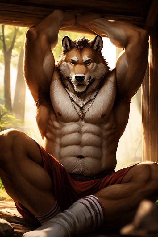 muscular sweaty chubby anthropomorphic wild white beast sitting on the floor, cross-legged, one leg up, arms up, smiling. close-up: armpits, sweaty wet white socks, white socks, sport socks, wet skin, drops of sweat. photo realistic style, masculinity, wilderness. semi-darkness, soft light, detailed fur