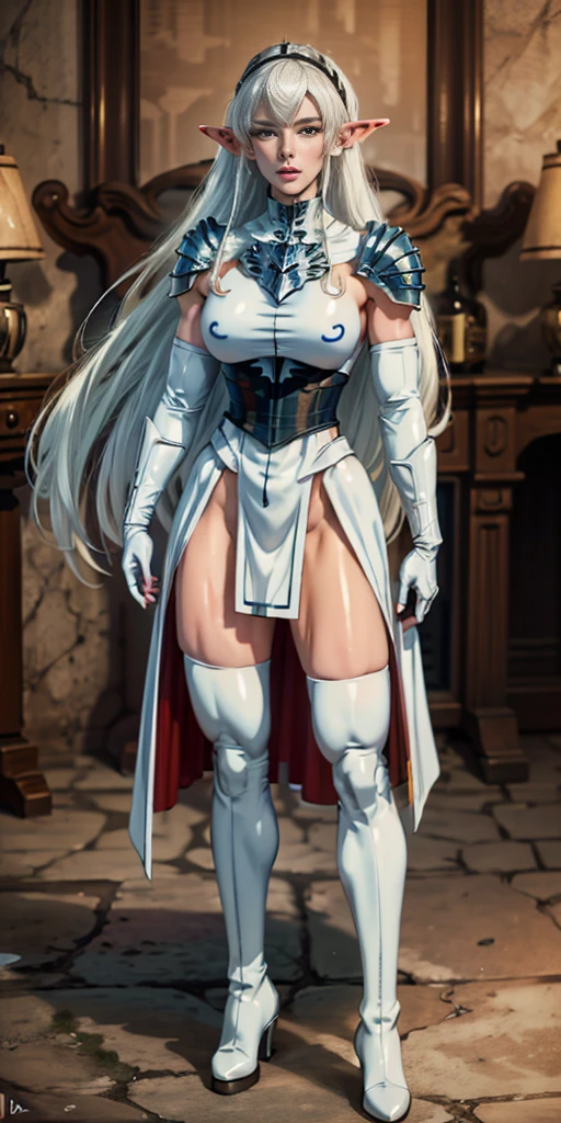 masterpiece, best quality, high quality, white SKIN elf, long hair, white hair, yellow eyes, full body, def_effie, blue breastplate, white skin, looking at viewer, shiny, armor, thigh highs, high boots, shoulder armor, faulds, poleyn, gloves, gauntlets