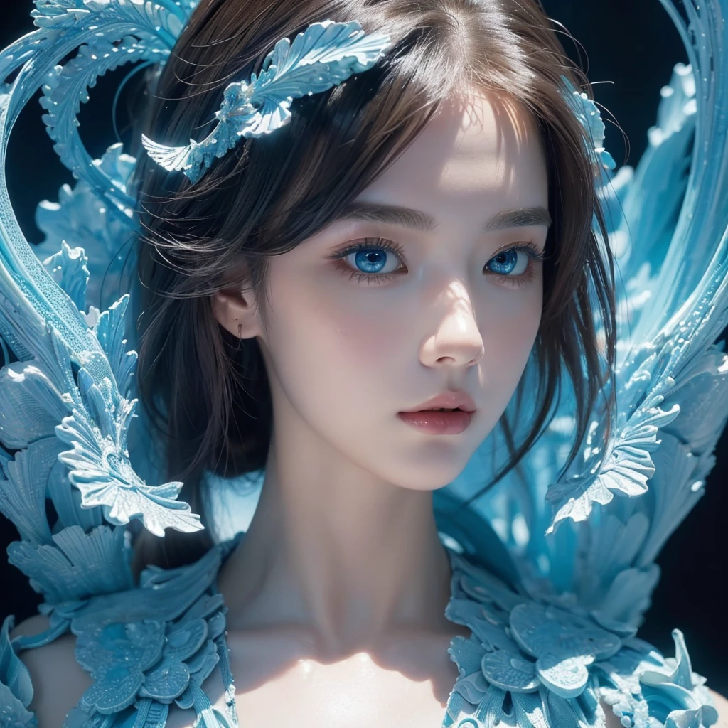 (masterpiece, top quality, best quality, official art, Beauty and aesthetics: 1.2), (1 Girl: 1.3), (Fractal Art: 1.3), Vibrant aqua blue eyes, #1: Medium-Length Hair with Fringe, Nude center