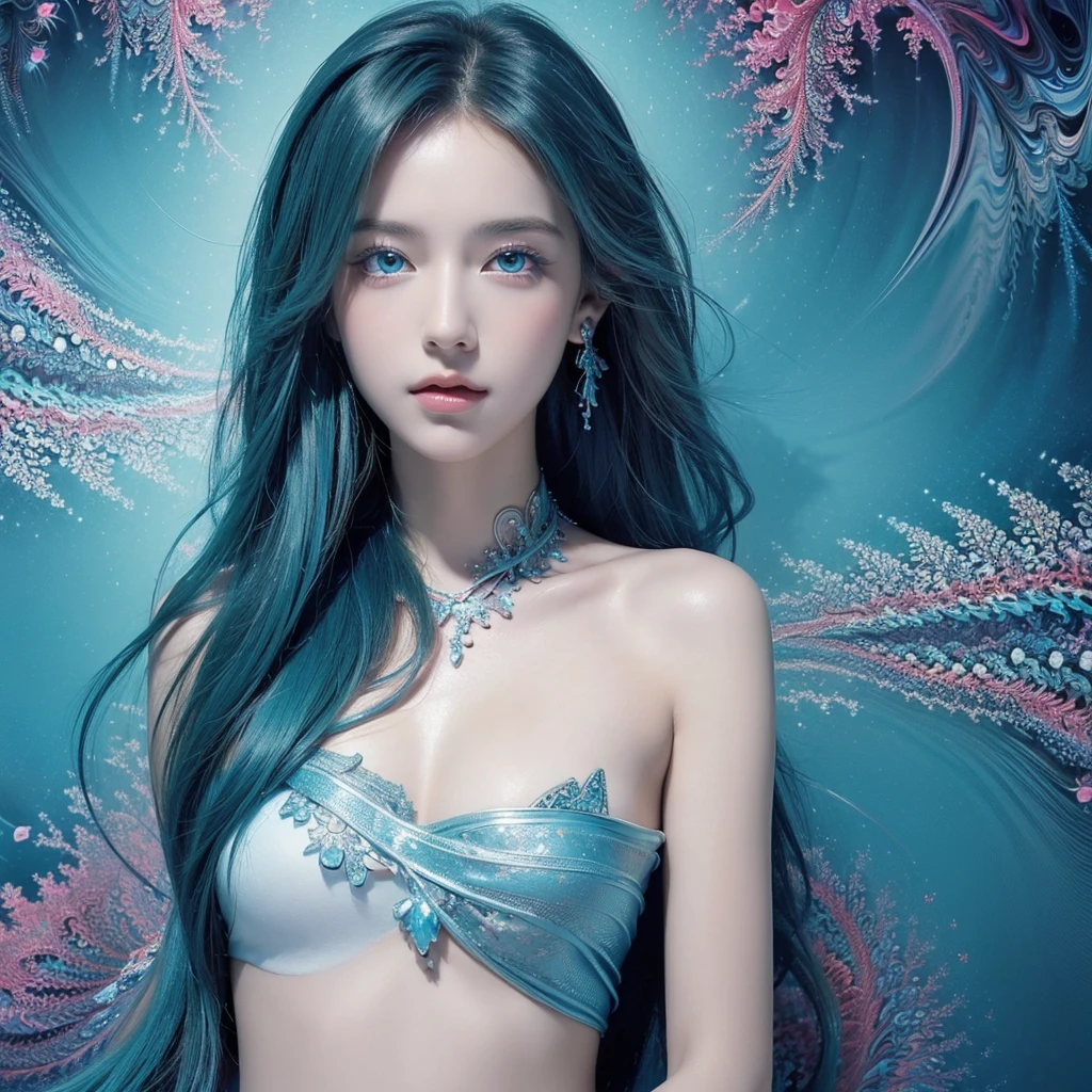 (masterpiece, top quality, best quality, official art, Beauty and aesthetics: 1.2), (1 Girl: 1.3), (Fractal Art: 1.3), Vibrant aqua blue eyes, #1: Medium-Length Hair with Fringe, Nude center