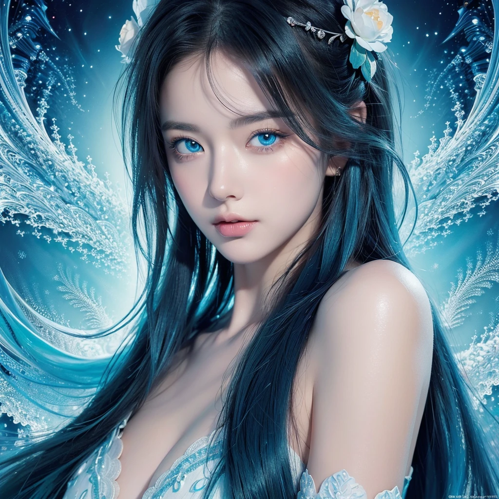 (masterpiece, top quality, best quality, official art, Beauty and aesthetics: 1.2), (1 Girl: 1.3), (Fractal Art: 1.3), Vibrant aqua blue eyes, #1: Medium-Length Hair with Fringe, Nude center