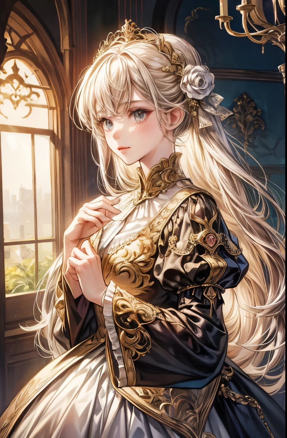 A girl in a baroque-style setting, wearing a long dress with long sleeves. Her attire is elegant and her dress has vibrant colors. The focus of the image is on the girl's upper body. The image should have the highest quality and be ultra-detailed.