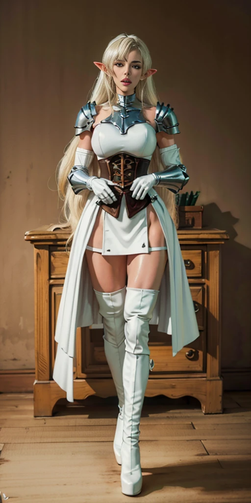 masterpiece, best quality, high quality, white SKIN elf, long hair, white hair, yellow eyes, full body, def_effie, blue breastplate, white skin, looking at viewer, shiny, armor, thigh highs, high boots, shoulder armor, faulds, poleyn, gloves, gauntlets