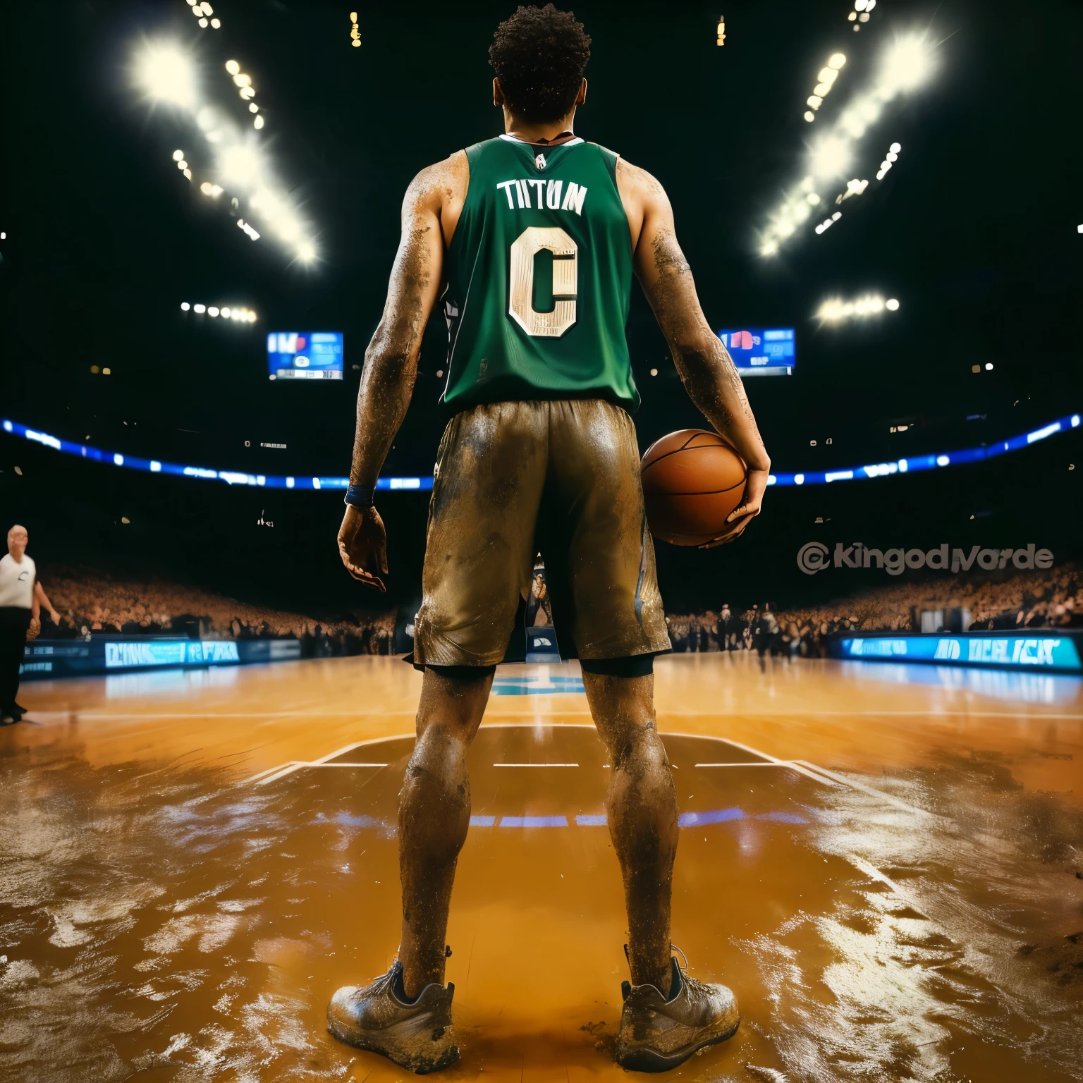 sharpened basketball player standing in the mud with a ball in his hand, Karl-Anthony Towns