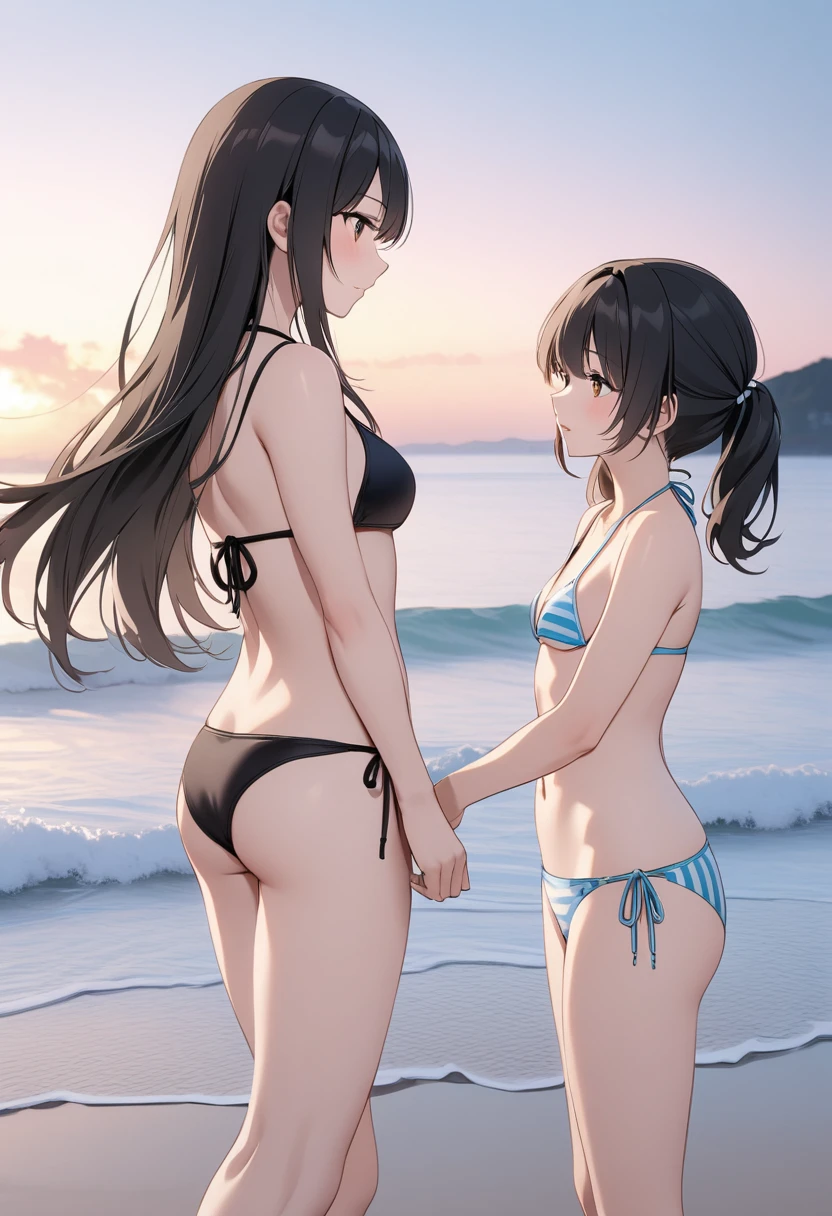 beach、Japanese long black hair girl、String Bikini、Are standing