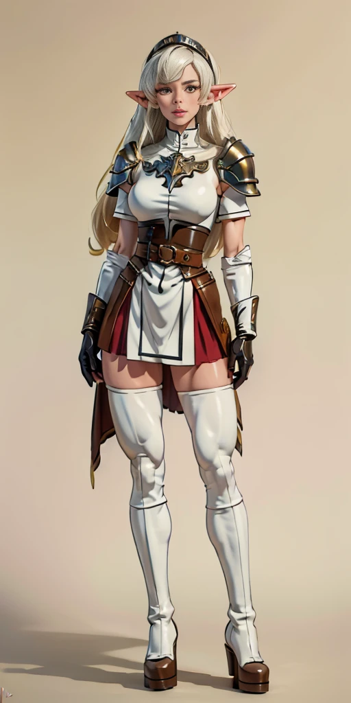 masterpiece, best quality, high quality, white SKIN elf, long hair, white hair, yellow eyes, full body, def_effie, blue breastplate, white skin, looking at viewer, shiny, armor, thigh highs, high boots, shoulder armor, faulds, poleyn, gloves, gauntlets